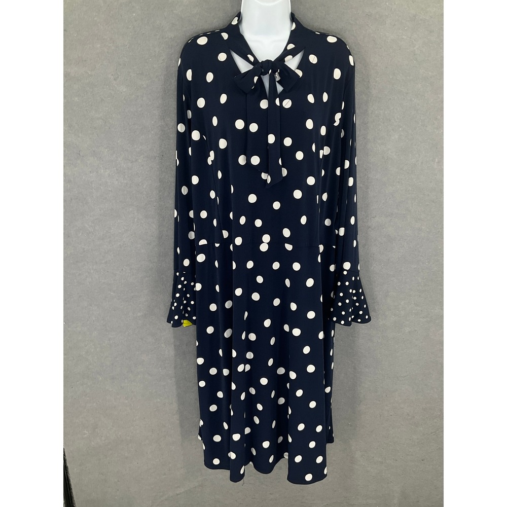 Susan Graver Dress Womens 3X Polka Dot Tie‎ Neck Long Sleeve Midi Navy